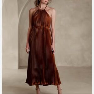 Silky Rust Halter Pleated Maxi Dress L